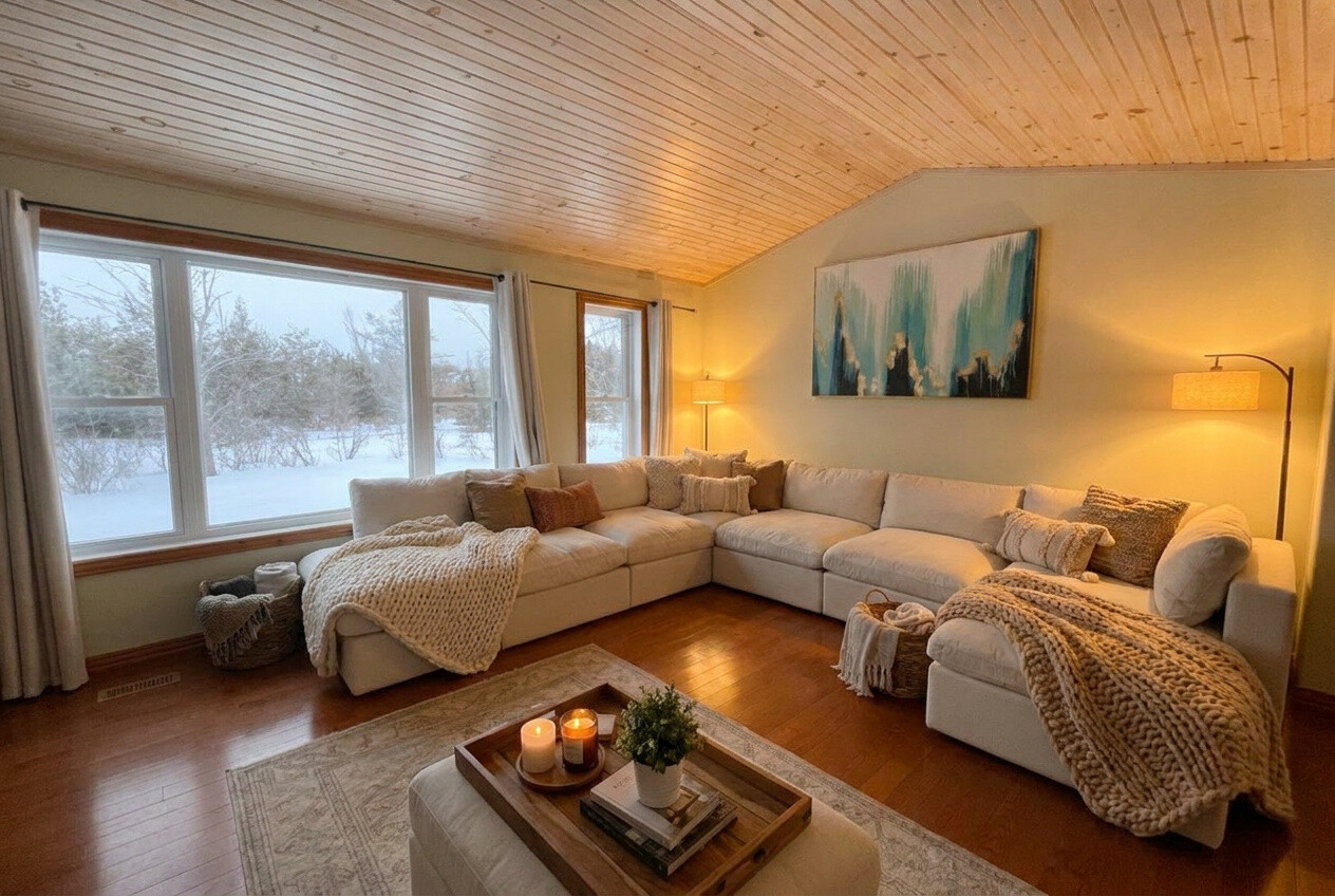 Living room with sectional and snowy view
